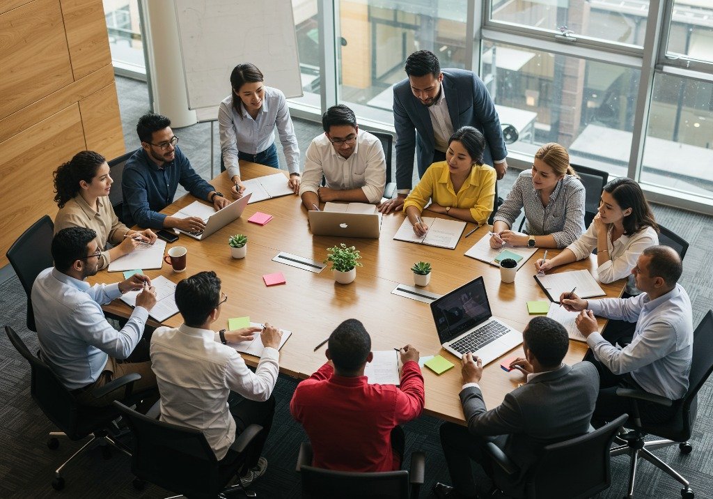 Corporate executive team engaged in leadership and communication workshop