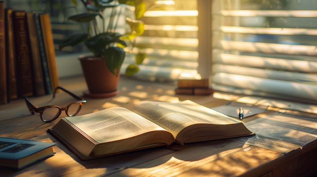 Sunlit study desk with classic literature, glasses and journal